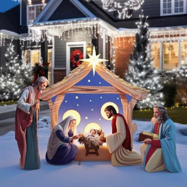 Imagem de Chunful Presépio grande de 1,2 m ao ar livre, à prova de intempéries, decoração de quintal de Natal da família sagrada para decoração religiosa de manjedoura para decorações de gramado de quintal de