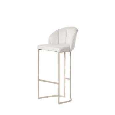 Imagem de Banqueta Alta de Aço Estofada com Braços Beverly - Champanhe c/ Linho Mescla Cru