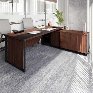 Imagem de Mesa de Escritório Diretor em L 2,00 com Caixa de Tomadas e Armário Lateral Corporate Louro Preto/Preto