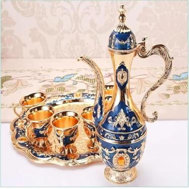 Imagem de Conjunto de Bule e Xícaras Vintage, Azul e Dourada, 8 Peças com Bandeja Decorativa, Estilo Real, liga de zinco, artigo de decoração