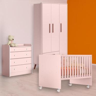 Imagem de Berço Reto, Cômoda Trocador e Guarda Roupa Retrô Rosa - Qmovi