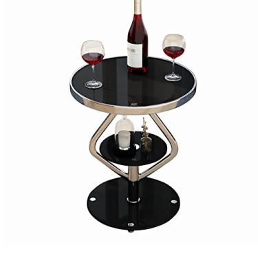 Imagem de hezhuhe2258 Mesa lateral minimalista redonda com prateleira de armazenamento, lateral de sofá com detalhe pequeno de café, 2 camadas para sala de estar, quarto, varanda