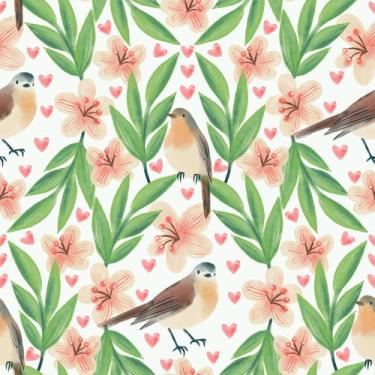 Imagem de FANCYEASY Papel de parede floral de pássaro aquarela 30,5 x 254 cm rosa coração folha verde papel de parede para quarto de meninas berçário papel de parede de vinil autoadesivo removível papel de