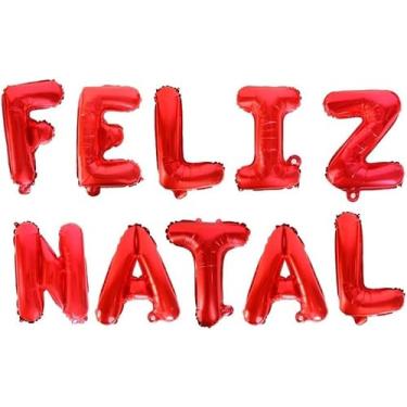 Imagem de Kit Balões Metalizados Feliz Natal, 37 cm, Vermelho, com Assoprador e 6m de Fitilho