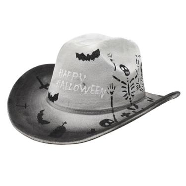 Imagem de NICEYST Chapéu de cowboy de Halloween para mulheres e homens, chapéu de caubói divertido de feltro de abóbora vampiro morcego fantasma caveira estampa de esqueleto, Morcego, tamanho �nico