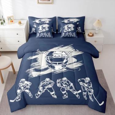 Imagem de Erosebridal Jogo de cama Queen Size para jogadores de hóquei no gelo, cama em uma bolsa, capacete de graffiti, inclui edredom, conjunto de lençol, fronhas e fronhas, decoração de quarto de jogos de