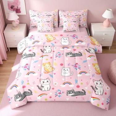 Imagem de Erosebridal Conjunto de edredom completo de 7 peças de gato floral fofo com desenho animado de animais de estimação em um saco, flores de gatinho colorido, arco-íris, amor, coração, jardim, decoração