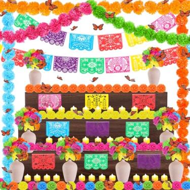 Imagem de Syhood Conjunto de 80 peças de decorações Dia dos Mortos, 30 cabeças de flores de calêndula, 5 guirlandas artificiais de calêndula 24 faixas, 9 borboletas monarcas, 12 velas de LED para decoração de