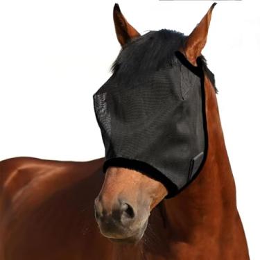Imagem de Máscara de mosca de cavalo preto grande espaço respirável proteção UV conforto máscara de malha de rosto inteiro com alça ajustável para cavalos
