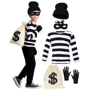 Imagem de Kuberas 5 peças de fantasia infantil de ladrão camisa de ladrão acessório de fantasia cosplay de ladrão de Halloween para meninos e meninas de 3 a 12 anos, Listras pretas e brancas, 3-4 Years