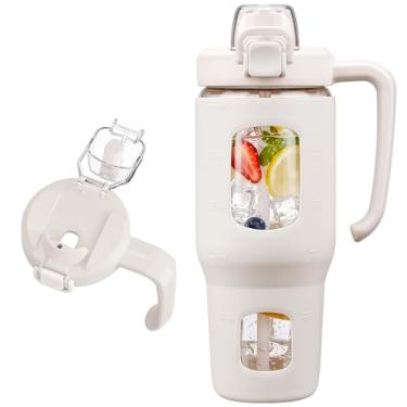 Imagem de Copo de vidro de 940 ml com alça e tampa 2 em 1, copo de café gelado reutilizável para smoothie, matcha, milkshake, garrafa de água de vidro à prova de vazamento com canudo e manga de silicone, sem