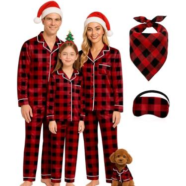 Imagem de ALHAVONE Pijama de Natal combinando para família com cachorro, manga comprida, conjunto de pijama de botão com máscara para os olhos, Xadrez Buffalo vermelho preto, M