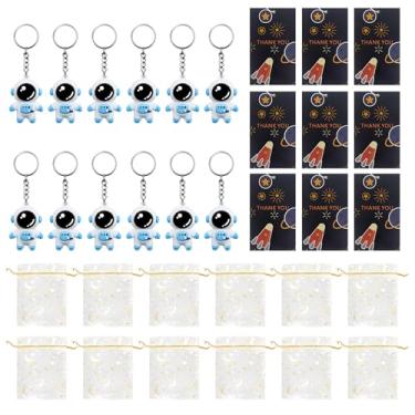 Imagem de 36 peças de lembrancinhas de festa espacial de astronauta, lindo chaveiro espacial de astronauta, lembrancinhas de festa, 12 conjuntos com etiquetas de agradecimento e sacolas de organza brancas para festa de aniversário, chá de bebê e feriado