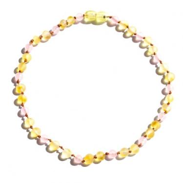 Imagem de Colar de Âmbar Báltico Limão Não Polido com Quartzo Rosa Polido para B