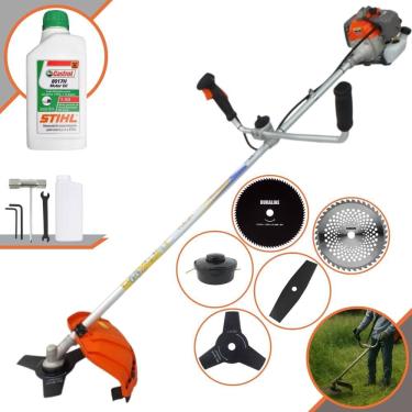 Imagem de Roçadeira Completa Vulcan VR330P À Gasolina 33cc 1,2HP 10.000rpm Com Carretel Nylon + Lâminas Facão, 3 Pontas, 40 Dentes, 80 Dentes + ÓLEO STIHL 8017