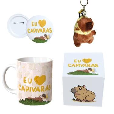Imagem de Kit Completo Capivara  Caneca Estampada, Botton 4,4cm, Pelúcia de Capi