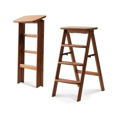 Imagem de Baveke Escada de degrau dobrável de 4 níveis - Banqueta antiderrapante dobrável, multi escada de bambu 3 em 1 leve, portátil, banco de madeira para economizar espaço para cozinha, escritório (marrom