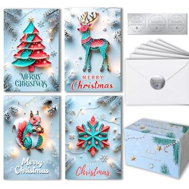 Imagem de 40 cartões de Natal com envelopes e adesivos, cartolina grossa, mensagens curtas dentro, cartões comemorativos de férias, 4 designs exclusivos, 10 x 15 cm