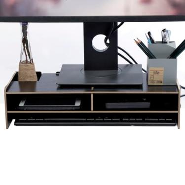 Imagem de Yctze Aumente o Suporte de Prateleira para Monitor e Teclado - Riser de Exibição de Madeira de Cerejeira para Armazenamento e Organização de Mesa (Preto)