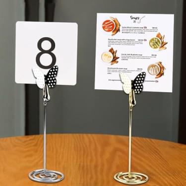 Imagem de Suporte de número de mesa, clipes de porta-borboletas de 12 cm de altura para nomes, cartões de locais, fotos e cardápios, suporte para notas de casamento, aniversário, restaurante, banquete, dourado