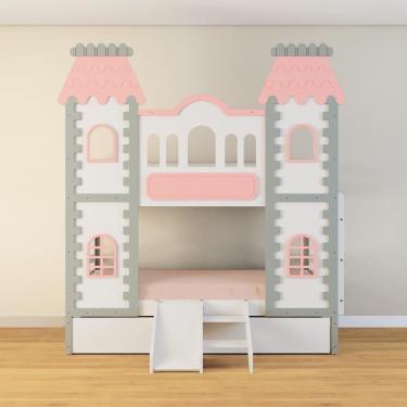 Imagem de Treliche Castelo Encantado Com Kit Escada/escorregador - Madeira Maciça Branco/cinza/rosa Housin