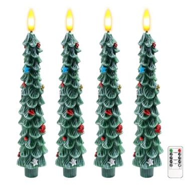 Imagem de Conjunto de 4 velas de Natal sem chama, velas cônicas de árvore de Natal cintilantes com controle remoto e temporizador, velas elétricas de cera real reguláveis, operadas por bateria, castiçais de LED