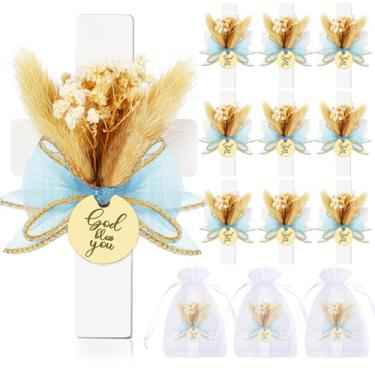 Imagem de 12 conjuntos de lembrancinhas de festa de batismo para convidados de primeira comunhão, ímã de batismo de cruz de madeira com flores para festa de chá de bebê Bless, presente de batismo, revelação de