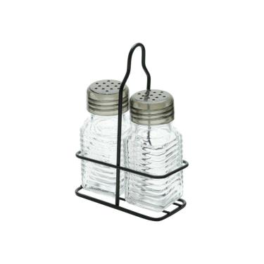 Imagem de Kit Saleiro e Pimenteiro de Vidro 10x4cm C/Suporte de Metal Preto 14x9cm Lyor