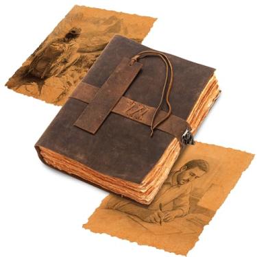 Imagem de Vtry Diário do escritor - Caderno de desenho de couro criativo, estilo antigo clássico - Caderno de couro versátil para escrever, desenhar, esboçar, caderno rústico multiuso e vintage (grande)