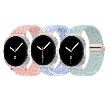 Imagem de Pacote com 3 pulseiras magnéticas trançadas para Samsung Galaxy Watch 8 de 40 mm e 44 mm, Galaxy Watch8 Classic de 46 mm, pulseira esportiva de tecido de nylon elástico sem lacunas para mulheres e