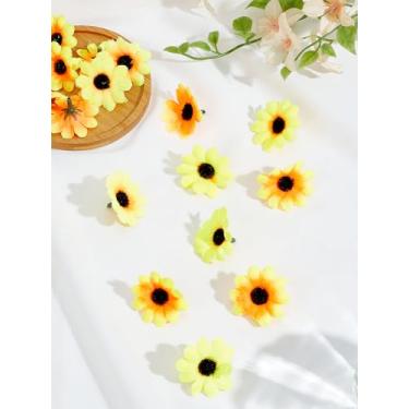 Imagem de 30 peças de girassol de pano de seda artesanal, cabeça de flor artificial, miniflor amarela para casamento, interior, exterior, casa, jardim, varanda, janela, decoração, planta, 40 x 16 ~ 17 mm