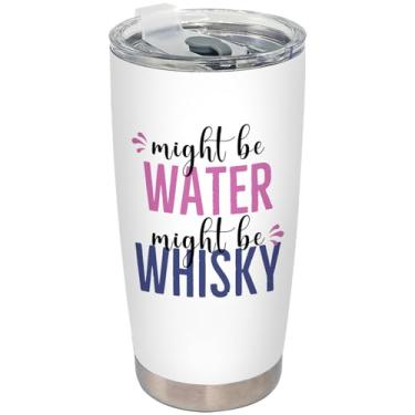 Imagem de BEHIFL Copo de presente para amantes de uísque, copo de aço inoxidável com tampa e canudo 590 ml, copo de café de viagem Might Be Water Might Be Whisky