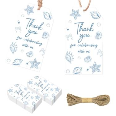 Imagem de Serencatcher Decorações de festa de estrela do mar e concha com laço azul, 50 peças de conchas azuis e laço, etiquetas de presente de agradecimento com cordão para praia, litoral, despedida de