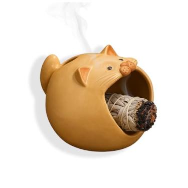 Imagem de Suporte de incenso de cerâmica em forma de gato – bandeja fofa para incenso Palo Santo, sálvia e cone – apanhador de cinzas feito à mão para meditação, ioga, limpeza de energia e casa