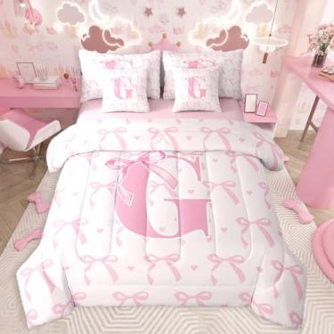 Imagem de jejeloiu Conjunto de edredom infantil fofo com laço rosa e lençol casal com letra G, 7 peças, lindo laço de coquete, cama em uma bolsa, letra G com monograma para todas as estações