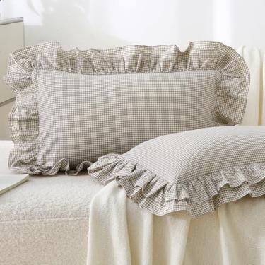 Imagem de Aryeleay Pacote com 2 fronhas de travesseiro xadrez marrom branco com babados, 100% algodão lavado, capas de almofada quadriculadas para cama/sofá - 12 x 20