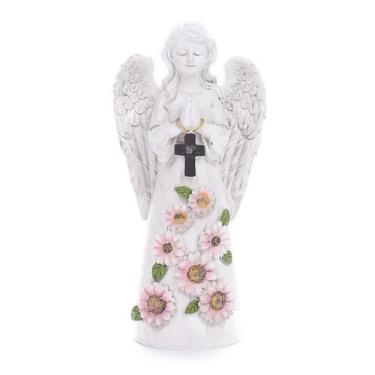 Imagem de Estátua de anjo orando em resina de 13 cm com colar de cruz e flor - y