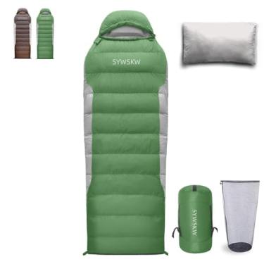 Imagem de SYWSKW Saco de dormir com travesseiro, saco de dormir retangular ultraleve para adultos, mochila jovem, caminhada e acampamento ao ar livre com zíper bidirecional YKK 680 FP Down (verde -5.0 °C)