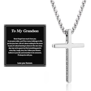 Imagem de Alissl Colar com cruz para homens e meninos, corrente com pingente de aço inoxidável 316L, versículo bíblico, religioso, cristão, presente inspirador para oração, primeira comunhão, confirmação de