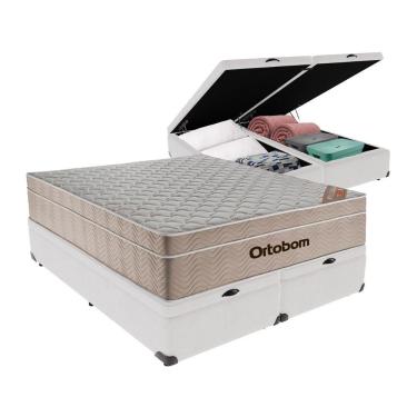 Imagem de Cama + Box Airtech Colchão Ortobom Queen Com Baú Bege Springpocket Cor:branco