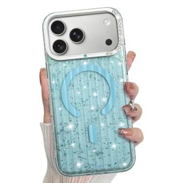 Imagem de Bonoma Capa para iPhone 17 Pro Max, traseira de cristal brilhante, suporte magnético brilhante para MagSafe à prova de choque, proteção de câmera para meninas e mulheres - azul