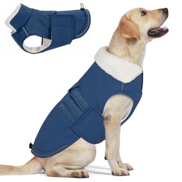 Imagem de Mklhgty Casaco para cães, jaqueta de inverno impermeável para cães com portal de trela, colete de neve interior de lã refletiva quente para cães pequenos, médios e grandes - azul - GG