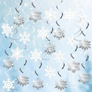 Imagem de 40 peças de decorações de floco de neve de inverno, flocos de neve, decoração de redemoinho, guirlanda de flocos de neve, Natal, inverno, país das maravilhas decoração de teto, branco, prata, flocos