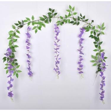 Imagem de Flores artificiais – Flor de seda com hastes de glicínias roxas, arranjos florais falsos para casa de banho, escritório, mesa, centro de mesa, prateleira, decoração de casamentos