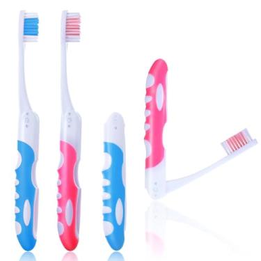 Imagem de FdcLixuvol Pacote com 4 escovas de dentes dobráveis, dobráveis para viagem, escovas de dentes macias, cerdas macias e cabo ergonômico para viagens, escola, casa, acampamento (rosa, azul)