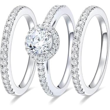 Imagem de MDFUN Conjunto de alianças de casamento de halo oval, três em um, anéis de noivado banhados a ouro branco 18 quilates zircônia cúbica promessa eternidade para mulheres tamanho 5-10, Banhado a ouro, branco, zircônia, Zircônia cúbica