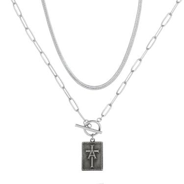 Imagem de MANZHEN Conjunto de colar de cruz com inicial em camadas, corrente de cobra prata com pingente de letra quadrada, gargantilha feminina com fecho de botão, 18 Inches, Metal, Sem Pedra Preciosa