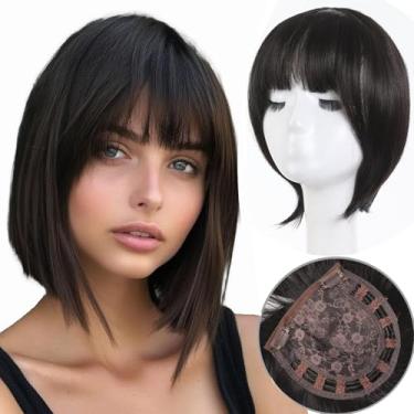 Imagem de Msysmyx Toppers de cabelo curto Bob com franja para mulheres com parte lateral para mulheres com cabelo fino curto liso Bob Hair Topper feminino com franja (marrom)