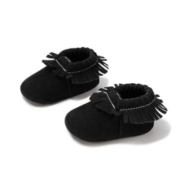 Imagem de Pantufa infantil para bebês, meninas, meninos, mocassim com borla, sapatos de camurça, primeiros andadores, sola macia para berço, A1 Preto, 12-18 Months Toddler