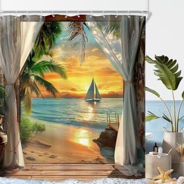 Imagem de Riyidecor Cortina de chuveiro de praia 182 cm L x 213 cm A extralonga beira-mar mar mar havaiano pôr do sol costeiro tropical palmeira cenário porta celeiro decoração de banheiro tecido poliéster